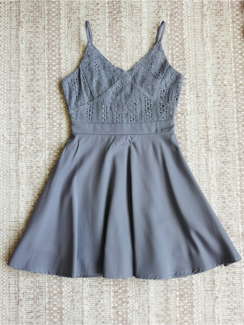 Lace Bodice Spaghetti Strap Skater Dress - Dusty Blue